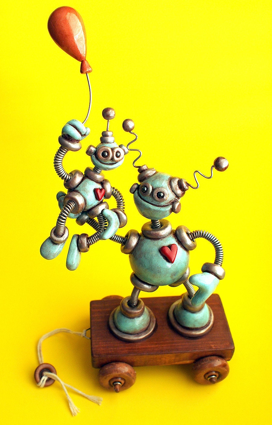 Robot Pull Toy - Father and Child with Balloon - Rustic Pale Blue Silver - Clay, Wire, Wood, Paint