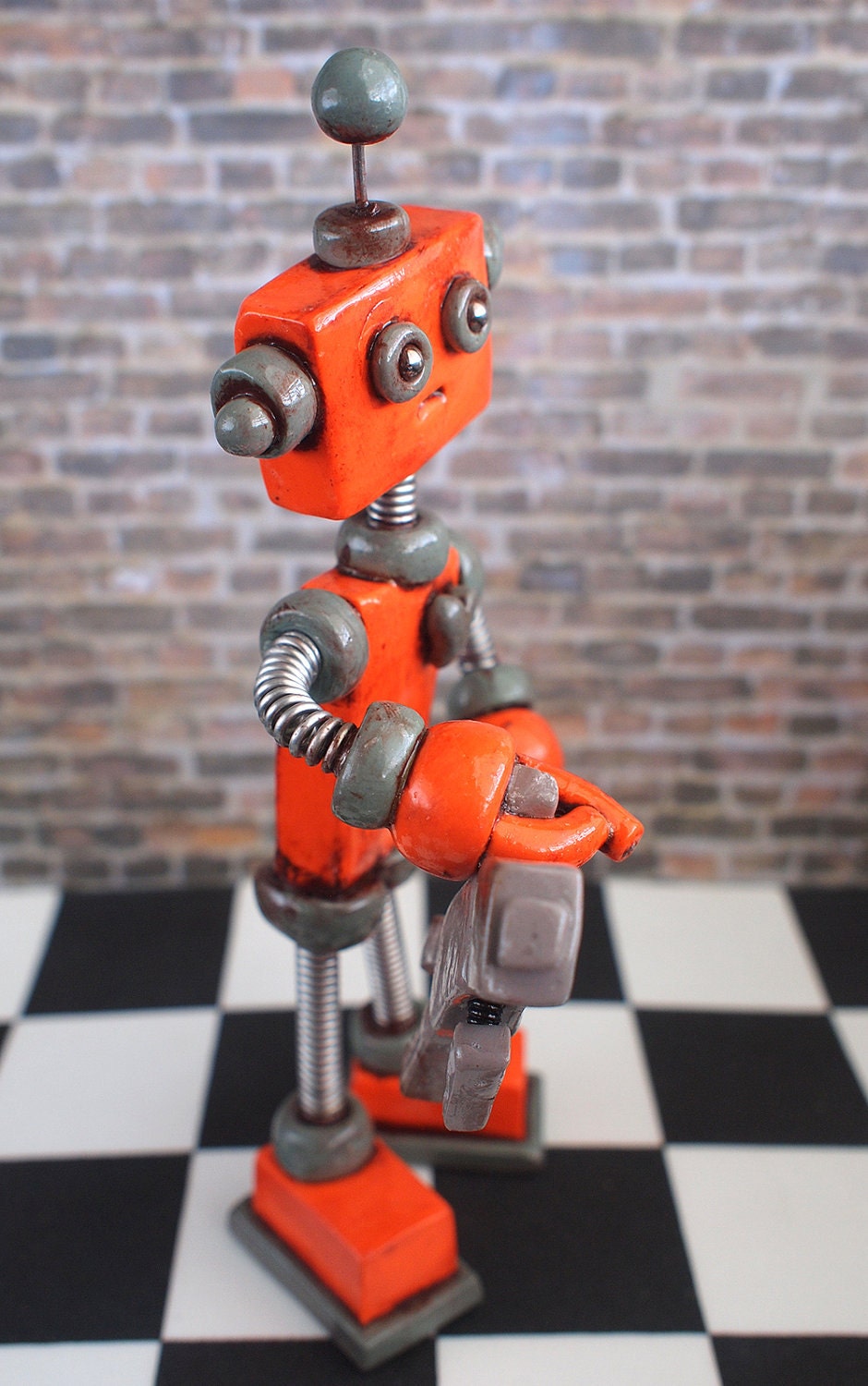 Robot Sculpture Orange Olie Rustic Bot with Robot Doll MADE TO ORDER - Clay, Wire, Paint