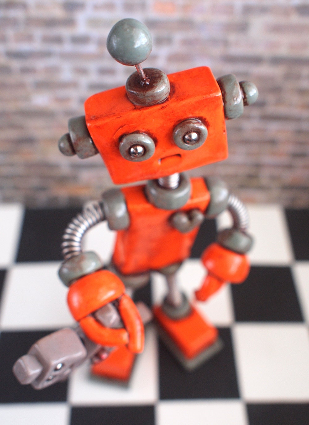 Robot Sculpture Orange Olie Rustic Bot with Robot Doll MADE TO ORDER - Clay, Wire, Paint