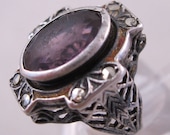 1920s Art Deco Filigree Sterling Ring Marcasite Amethyst Paste Glass Stone Size 4