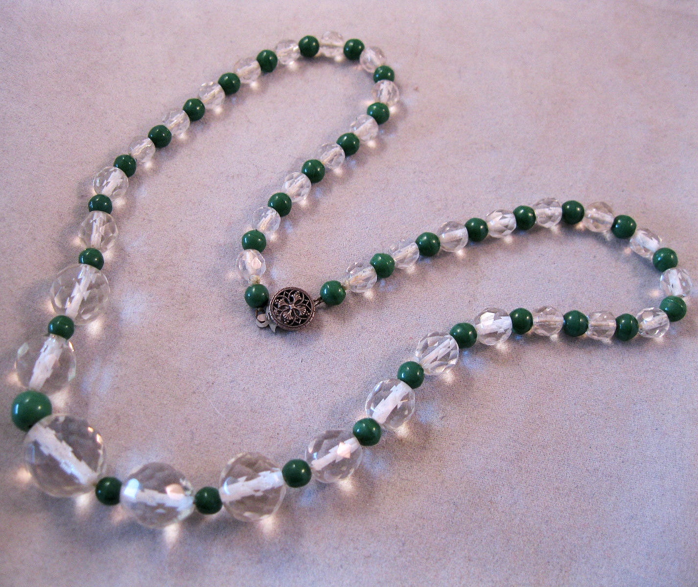 Art Deco Rock Crystal Green Bead Necklace Sterling Clasp Graduated 17 1/2"