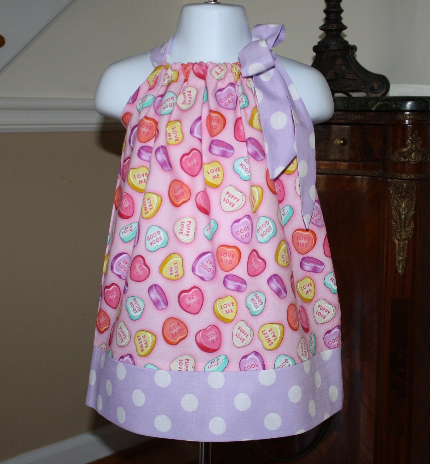 girls Pillowcase Dress Valentines day conversation hearts toddler red pink purple white polka dot Easter