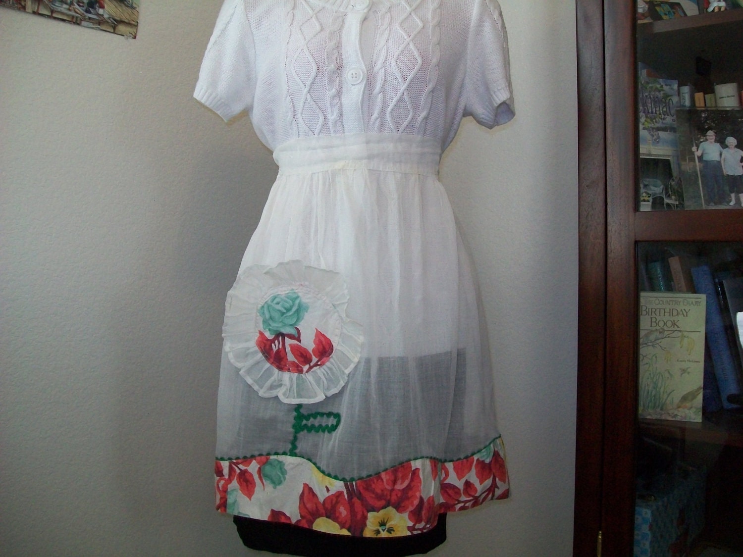 SALE - Vintage 1950s flower apron, organza, red floral, handmade