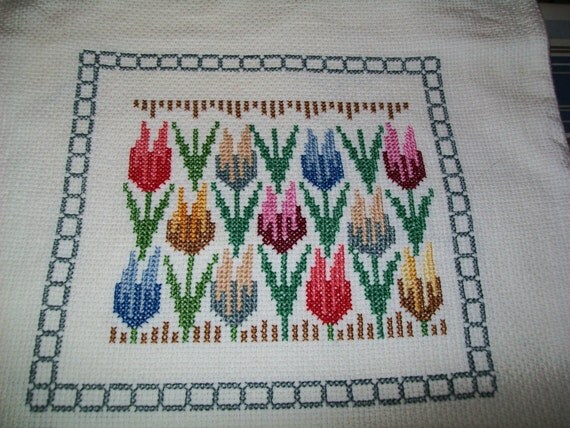 SALE Vintage tulip cross stitch pillow cover by BlueSkyLane