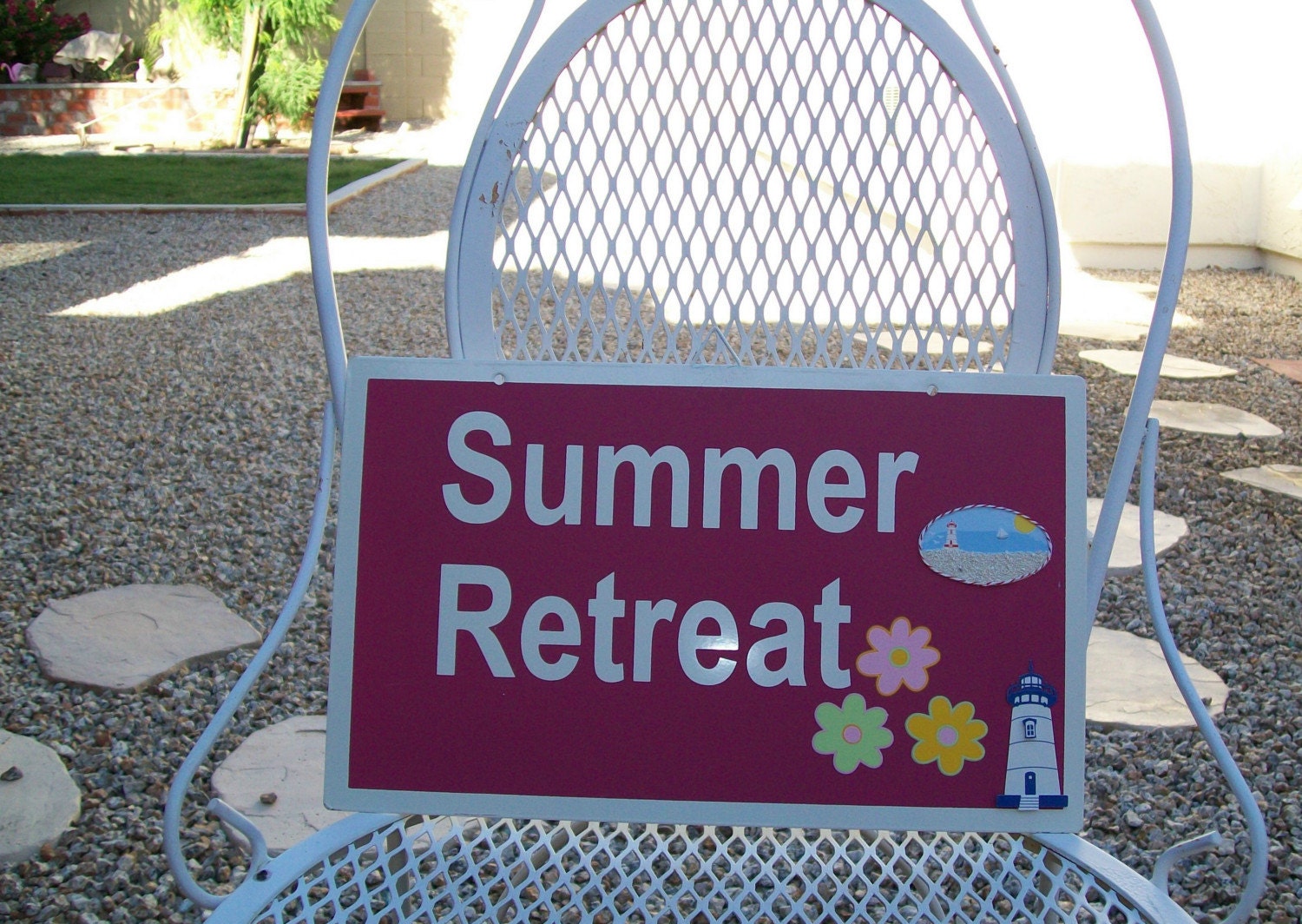 Vintage metal sign, summer, retreat, metal, sign, pink, white, cottage chic, vacation