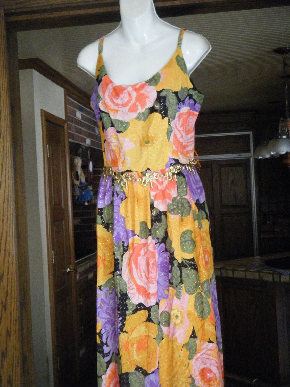 Vintage 60s MOD metallic bold yellow pink purple gold Floral ladies maxi dress size small medium
