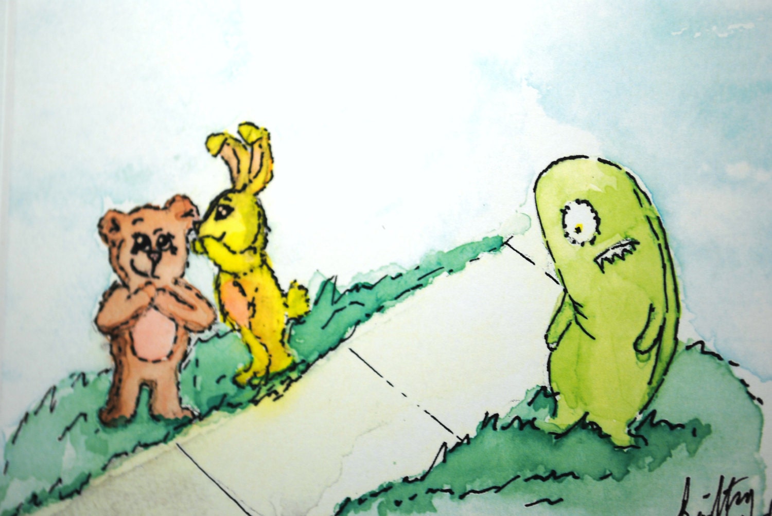 Cute Monster Art, Children Decor, Children Art, 5x7, Misfit, Monster Watercolor Painting