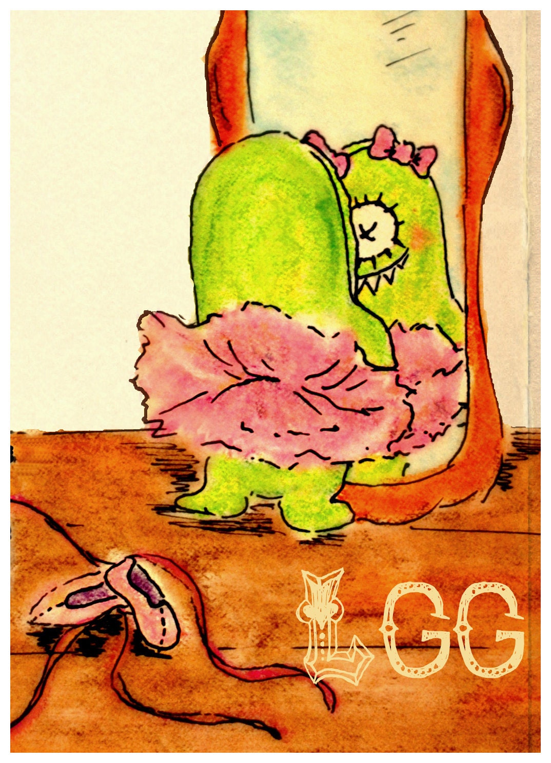 Dance print, cute monster, children decor, ballet print, 5x7