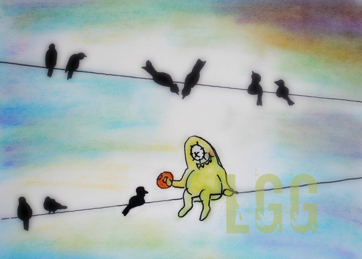 Birds on a wire, monster art, children decor