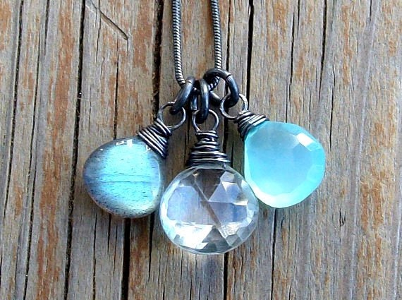 Labradorite, Chalcedony and Prasiolite Necklace. Oxidized Sterling Silver Gemstone Trio. Boho Jewelry. Gift For Her. Unique Everyday Wear.