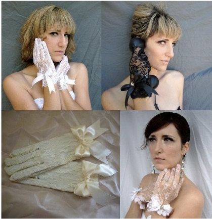 Black/White/Pink/Ivory Lacy Lace Gloves with Satin Ribbon Customize MADE TO ORDER