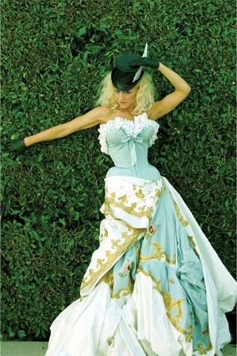 Tea Party Blue Ruffled Lace Bustier Top with Rhinestone Brooch MADE TO ORDER