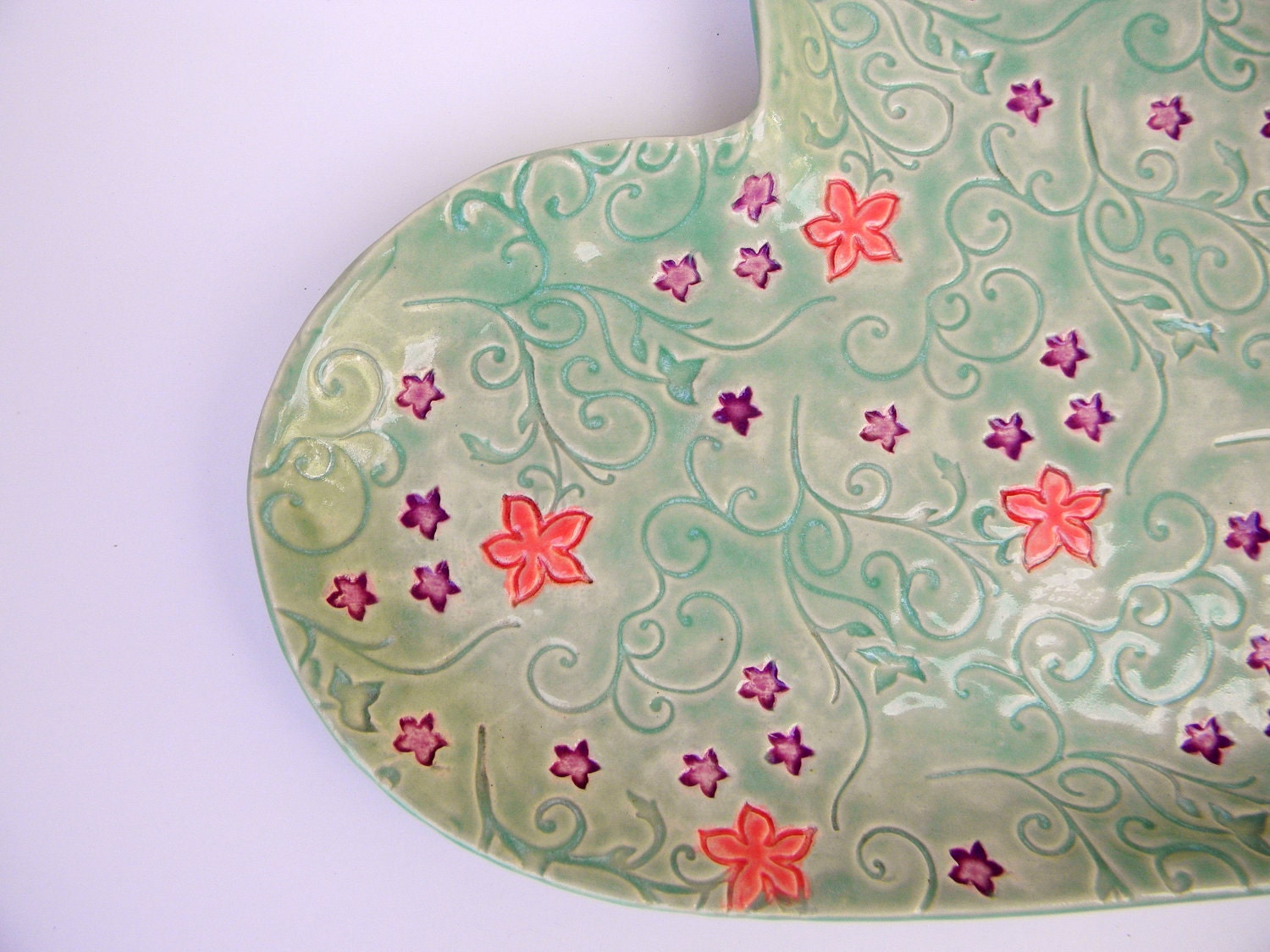 Handmade Mint Heart Serving Platter with Pink and Purple Flowers