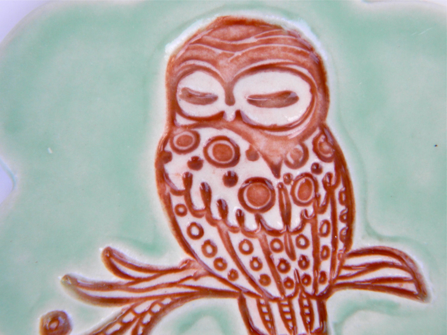 Handmade Owl Porcelain Ornament gift tag in mint and brown