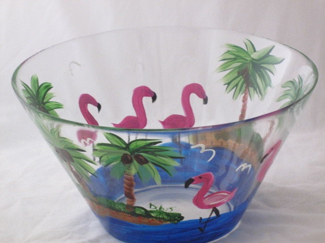Hand Painted Serving Bowl with Flamingos