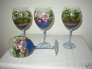 HAND PAINTED GOBLETS/WINE GLASSES WITH FLAMINGOS