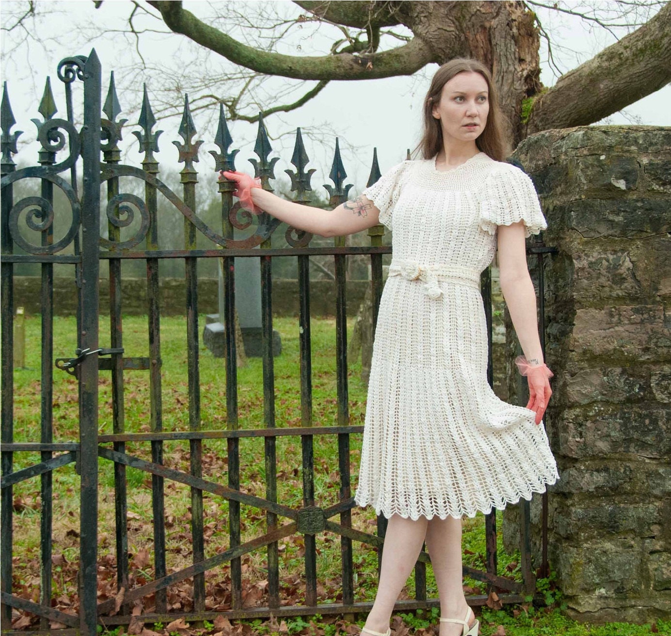 RESERVED 30s Dress - Crochet Dress - Antique Lace Dress - Midi Dress - Summer Fashion - Wedding Dress - White Dress - 6 8 S M