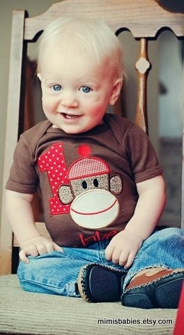 Sock Monkey Brown Birthday Shirt  Custom Monogrammed Free  Girls or Boys Infant Toddler Child Sizes