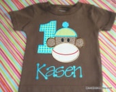 Sock Monkey Birthday Shirt Lime and Aqua Colors  Monogrammed Free