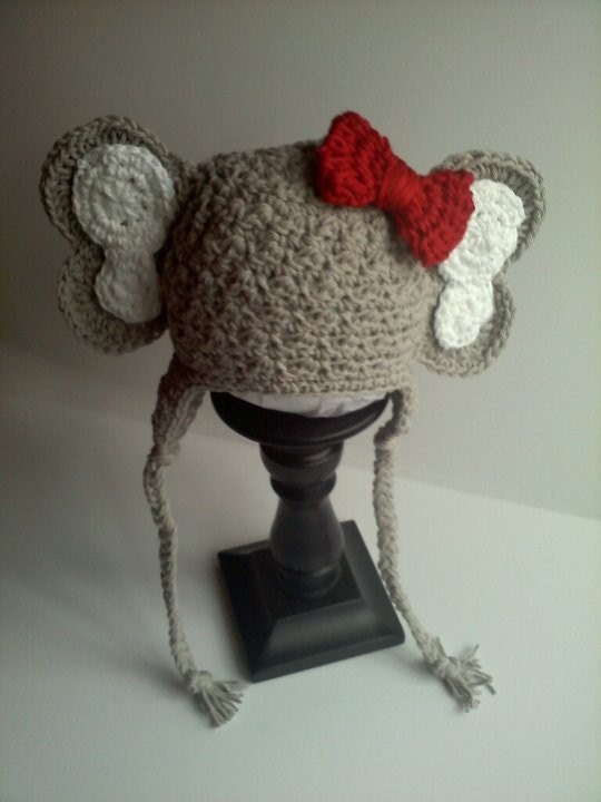 Crochet Elephant Hat with Earflaps and Alabama Red Crochet Bow - Newborn, Baby, Toddler Sizes - Great Photo Prop