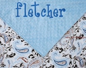 Personalized Minky and Satin Baby Blanket - Blue and White Paisley Satin and Light Blue Minky - Boy Baby Blanket