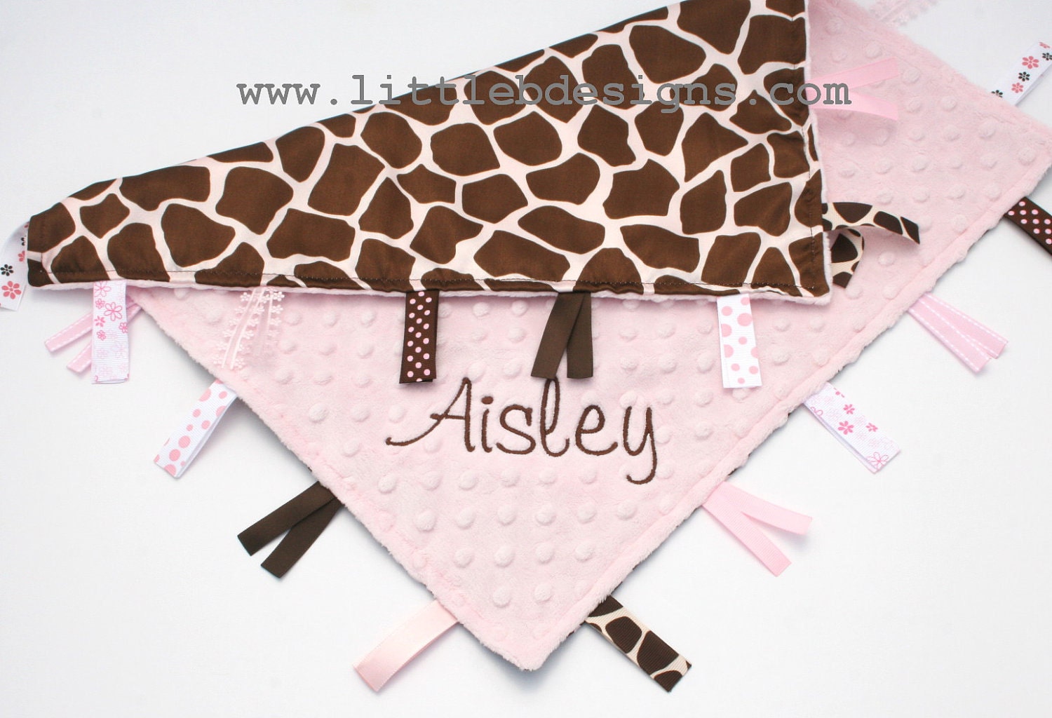 Personalized Baby Tag Blanket Ribbon Lovey - Light Pink and Brown Giraffe Satin and Light Pink Minky - Girl Baby Wooby