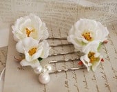 White rose hair clips, flower bobby pins, wedding hair pins, hair accessory - Adeline