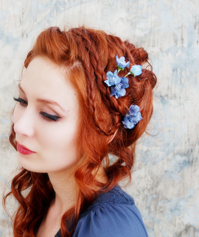 Blue floral hair clips, woodland bobby pin set, hair accessories - First blooms of spring