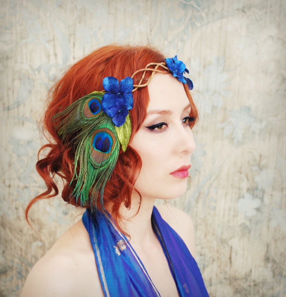 Peacock crown, velvet flower head piece, floral wreath, hair accessories -  Daenerys