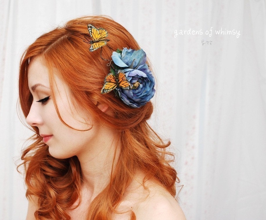 Butterfly hair clip, blue rose hair pin, hair accessory - Blue Skies