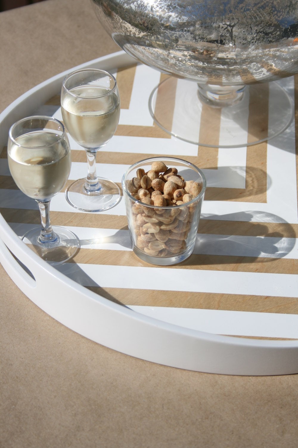 White Chevron Stripe Painted Round Wood Tray