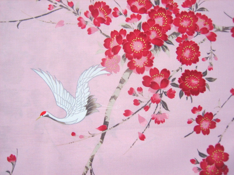 Crane Sakura Cherry Blossom Fabric Cotton Japanese by kawaiibeads