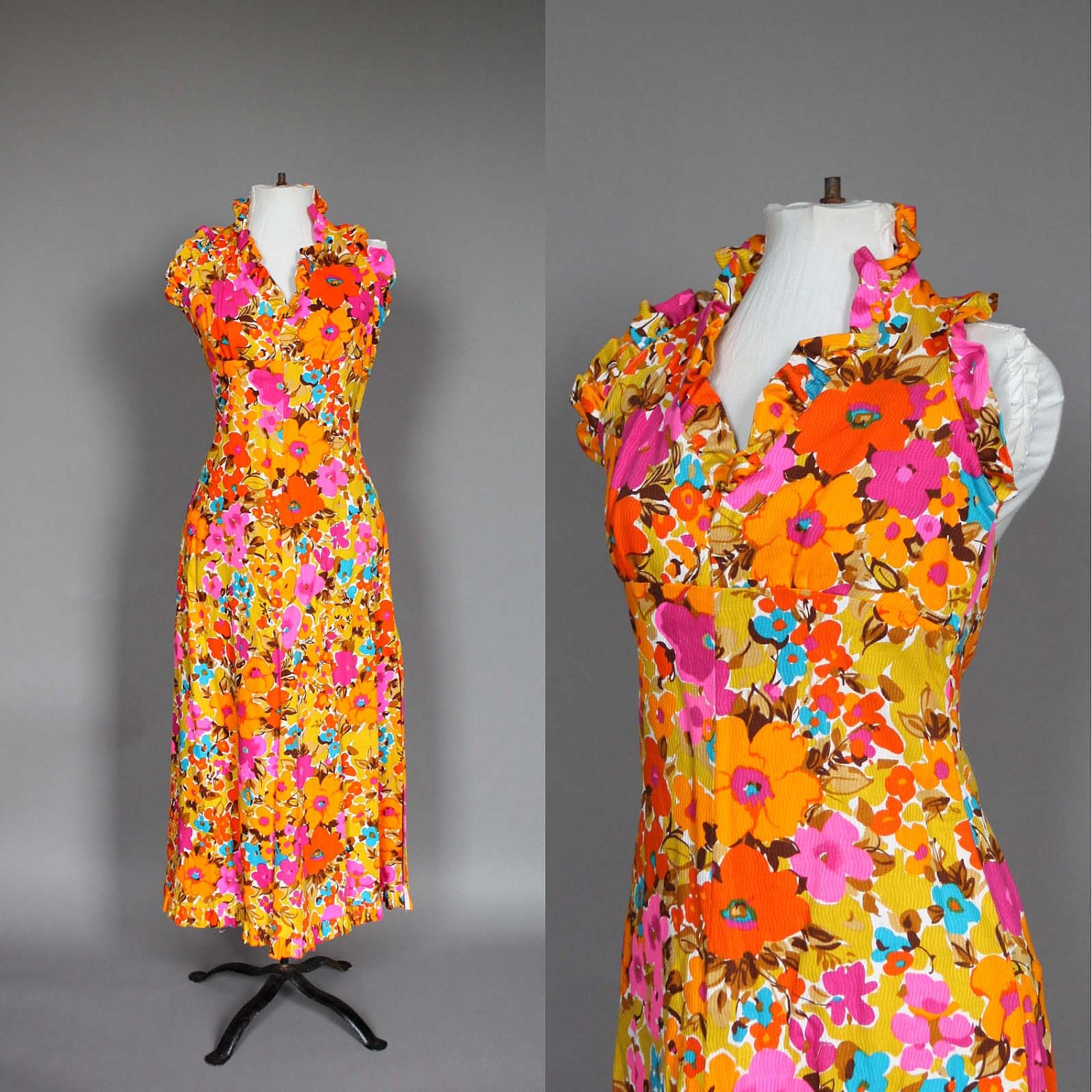 Dress Vintage Maxi Floral 60s 70s Bright Halter Top 1960s 1970s S