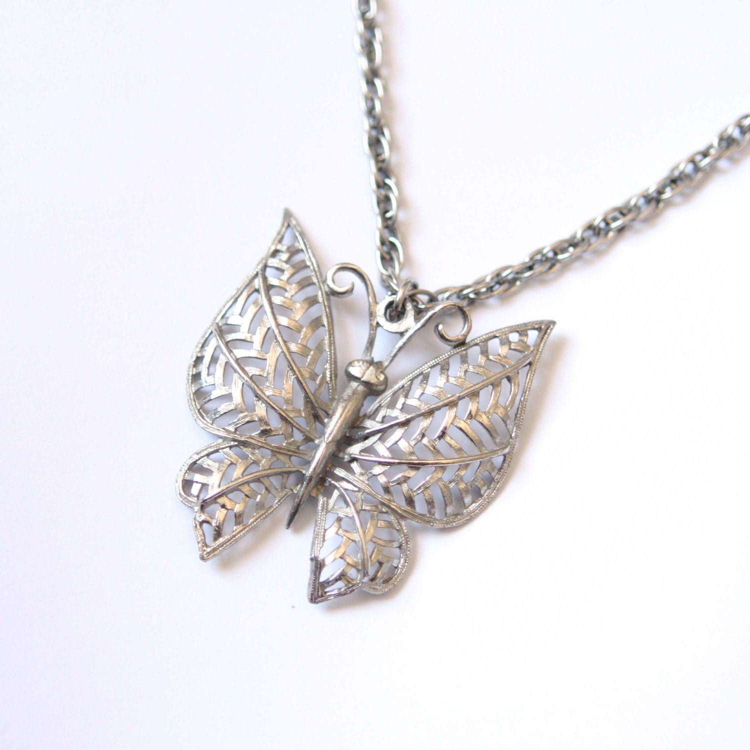 Necklace Vintage Butterfly Pendant Silver Tone Double Strand Long Chain 70s 1970s