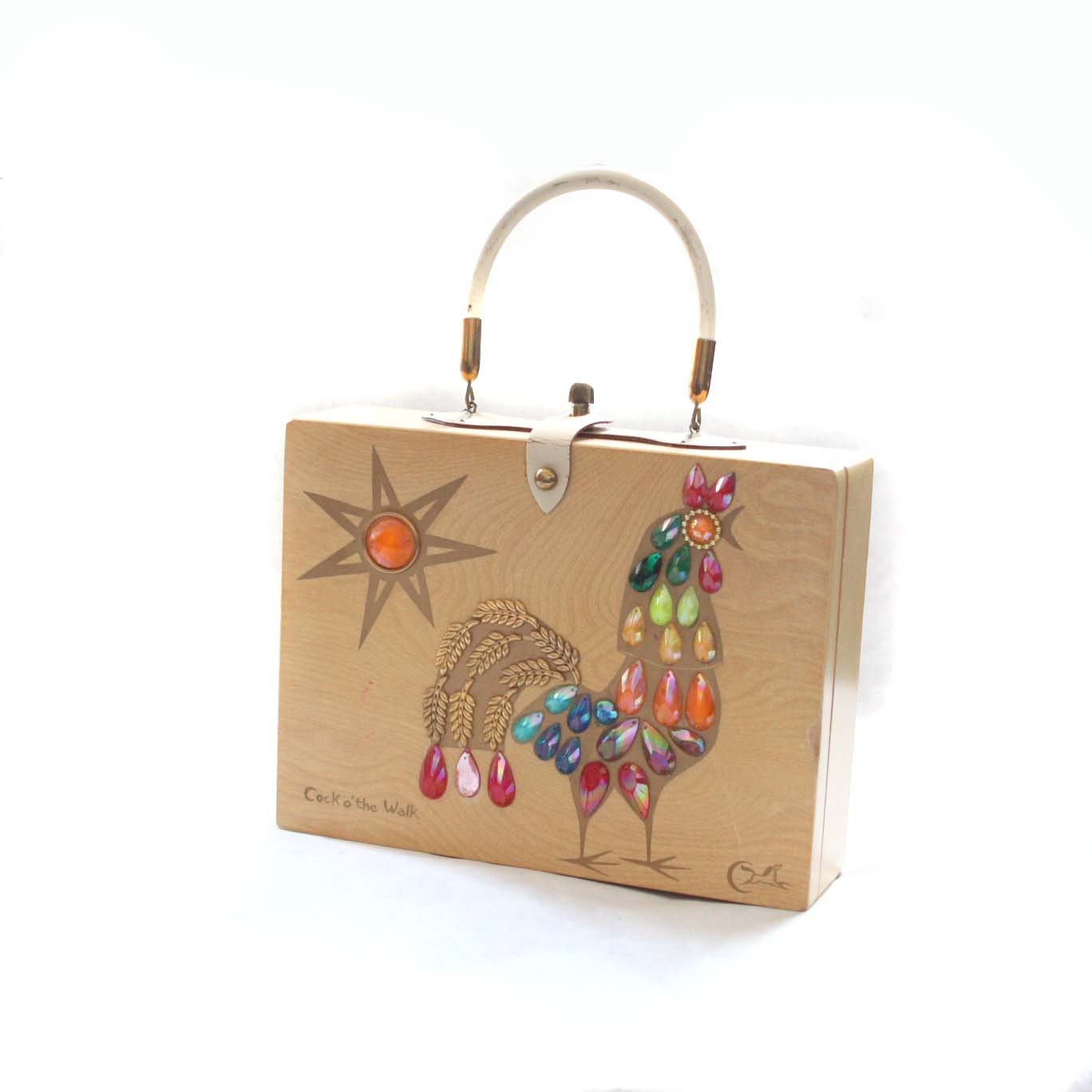Box Bag by Collins of Texas Cock 'O' The Walk Purse Handbag Wooden Novelty Purse