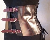 Sexy Bronze Metallic Leather Corset Steampunk Burgandy Straps Black Snakeskin trim