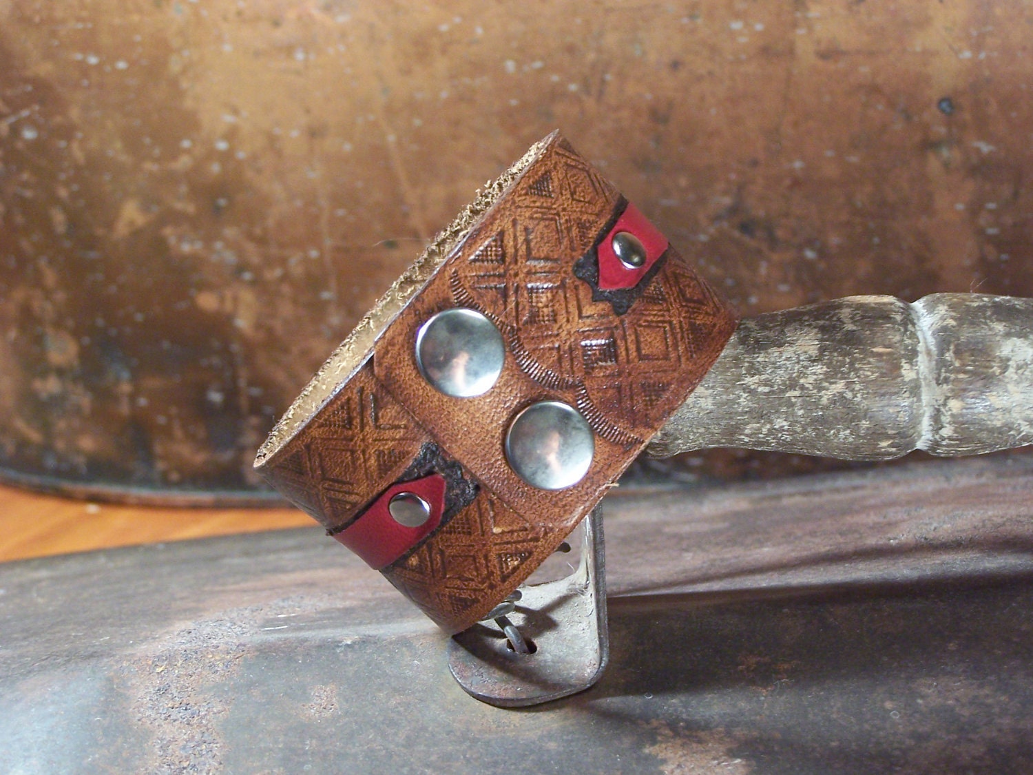 Mens Brown and Red Leather Cuff Men's medium size