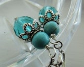 Blue Aqua Turquoise Earrings - Silver and Antique Brass Earrings - Wire Wrapped Earrings E-17