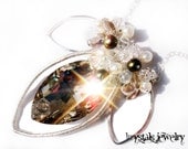 Large Smokey Grey Glass Marquise Faceted Pendant with Freshwater Pearl and Swarovski Crystal Cluster Wire Wrapped Necklace