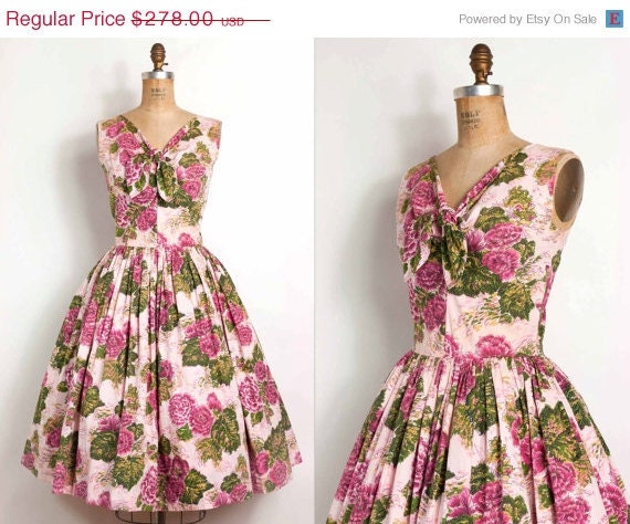s a l e vintage 1950s dress / 50s pink floral cotton party dress (small - medium)