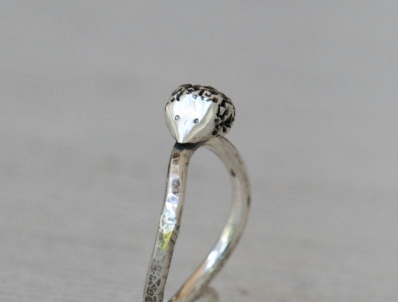 Hedgehog ring, sterling silver ring, hammered curved band, made to order
