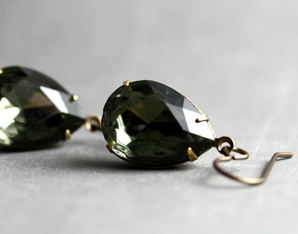 SUMMER SALE Smoky Black Sparkle Earrings - Faceted Glass, Vintage Brass Setting