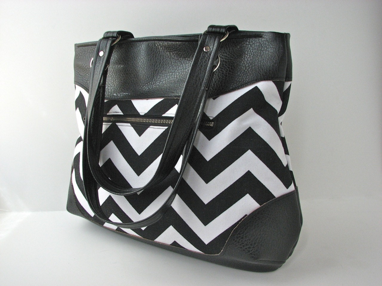 SALE Shoulder Bag Tote Bag in Black and White Chevron with black faux leather vinyl (reg 80)