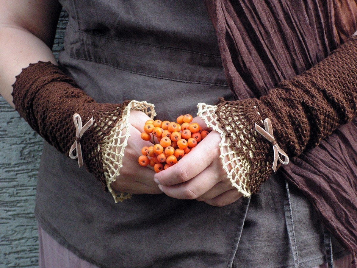 Miss Eyre - crocheted open work lacy romantic fall fasion wrist warmers cuffs in brown and beige