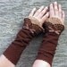 Miss Eyre - crocheted open work lacy romantic fall fasion wrist warmers cuffs in brown and beige