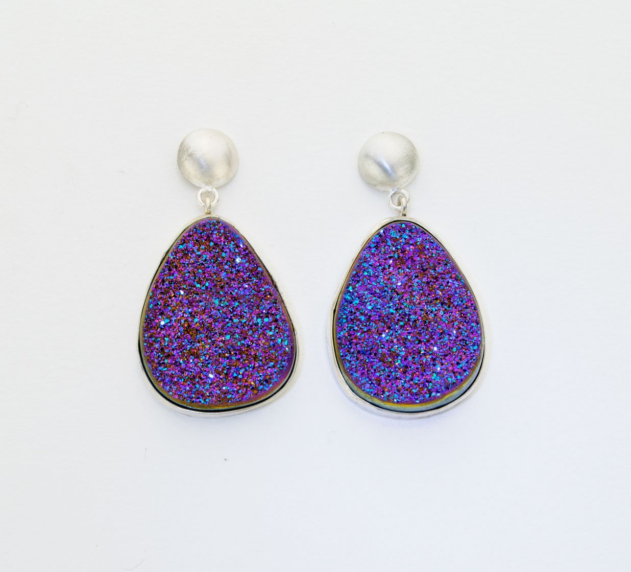 Purple Druzy Drop Earrings in Sterling Silver and Druzy Quartz