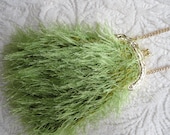 Hand made, opera, Victorian, hand knitted purse or bag, green wool and eye lash yarn