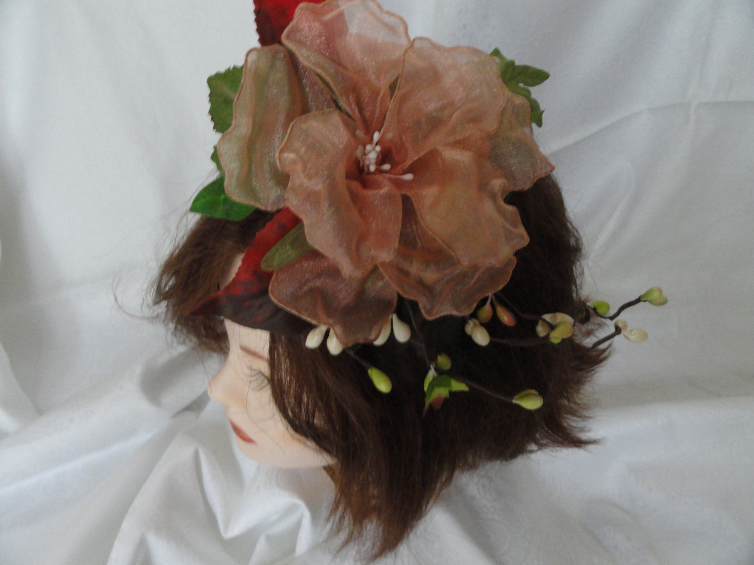 Hand made, bridal, organza peach-pink  hibiscus, brooch or pin on, silk flowers, hair embellishement