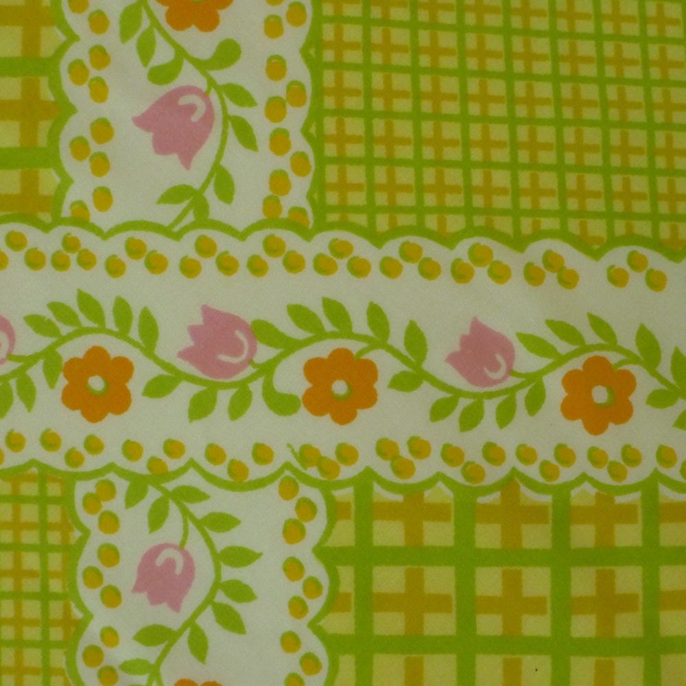 vintage sheet fabric fat quarter (lemon lime gingham grid with pink and orange flowers and dots)