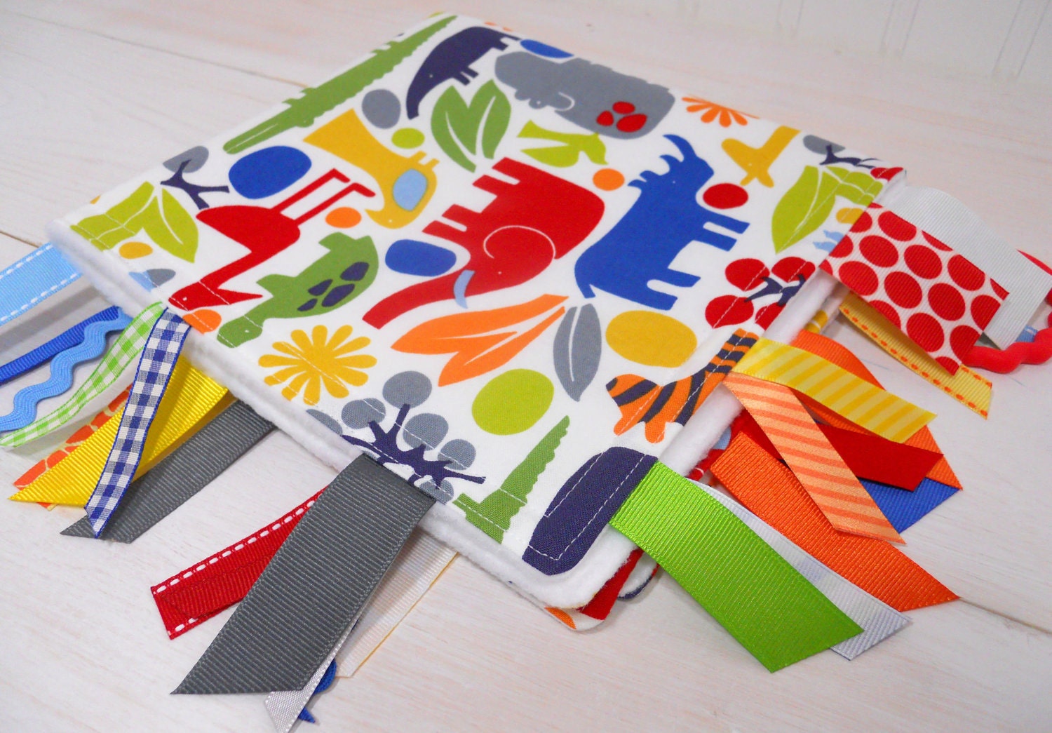 Baby Tag Blanket - Touch and Feel Fleece - Day at the Zoo in Primary